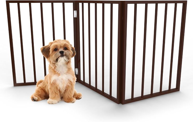 Photo 1 of 3-Panel Indoor Foldable Dog Fence for Stairs, Hallways, or Doorways - 54x24-Inch Wood Freestanding Dog Gates by PETMAKER (Brown)
