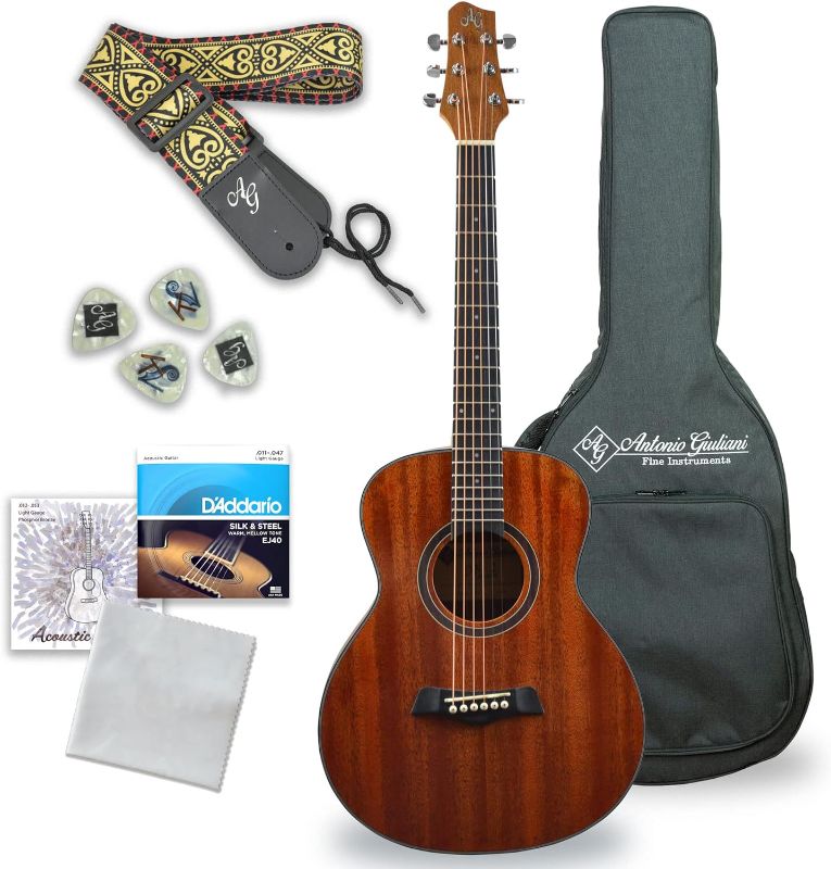 Photo 1 of Antonio Giuliani (Clear) Acoustic Guitar Bundle - Mini Jumbo Short-Scale (DN-2P) - Dreadnought Travel Guitar with Case, Strap, Strings and Accessories

