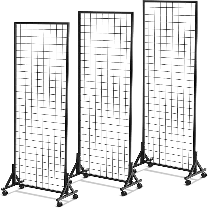 Photo 1 of Menkxi 3' x 6' Triple Grid Wall Panels with T Base Wheels Gridwall Panels Tower Movable Freestanding Art Show Display Panels Black Wire Display Rack Grid Wall Stand for Craft Fair Retail Display