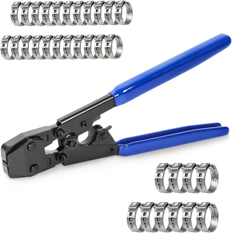 Photo 1 of JWGJW Pex Pinch Clamp Tool Pex Clamps Crimping Tool Kit 3/8 to 1 inch Pex Pipe Crimp Tool with 22pcs 1/2 inch & 10pcs 3/4 inch Pex Stainless Steel Ring Clamps for Pex Pipe(JW-002)
