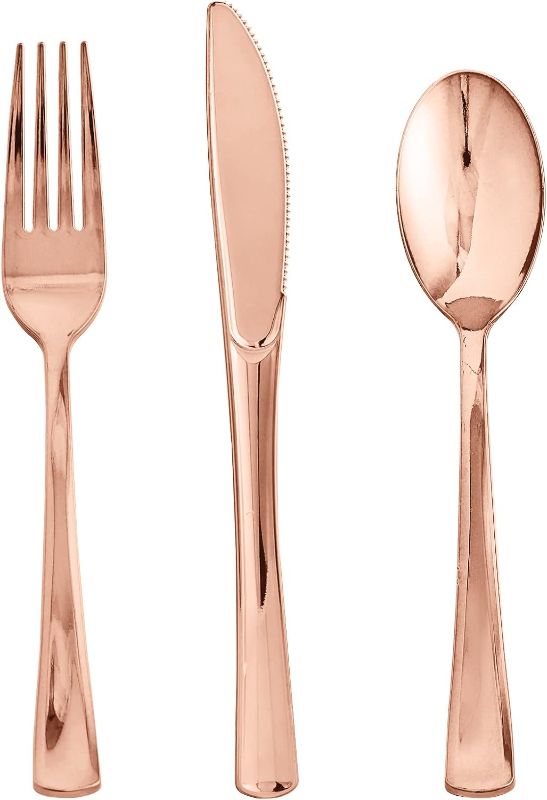 Photo 1 of 75 Pack Rose Gold Plastic Silverware Disposable Cutlery Set - 25 Forks, 25 Knives, 25 Spoons - Disposable Flatware Heavy Duty Plastic Utensils Set for Catering, Parties, Dinners, Weddings