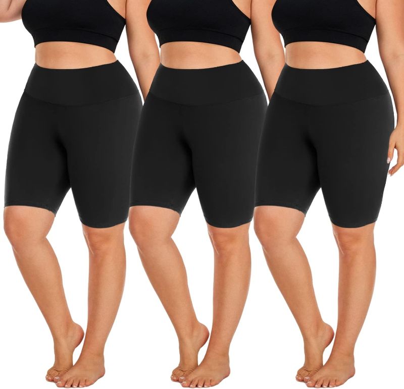 Photo 1 of Hi Clasmix 3 Pack Plus Size Biker Shorts for Women (1X-4X)-High Waisted Non-See Through Workout Super Soft Black Yoga Shorts