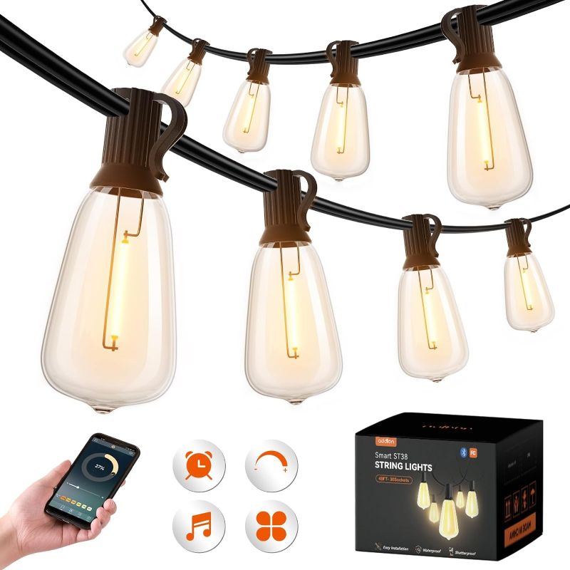 Photo 1 of addlon 48FT Smart Outdoor String Lights, Dimmable Patio Lights with 15 Waterproof LED Edison Bulbs, String Lights for Outside Work with APP Control, Music Sync Outdoor Lights for Bistro Backyard Party
