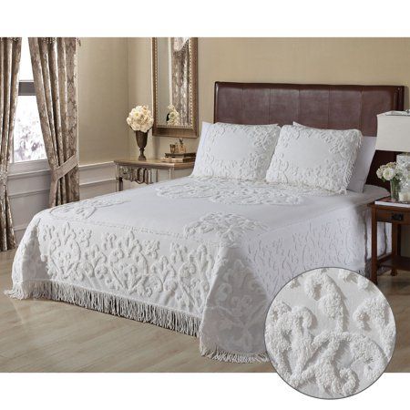 Photo 1 of Aubrie Home Accents 100% Cotton Tufted Damask Chenille King Bedspread 3-Piece Oversized Bedding Set with Pillow Shams and Fringe Ivory
