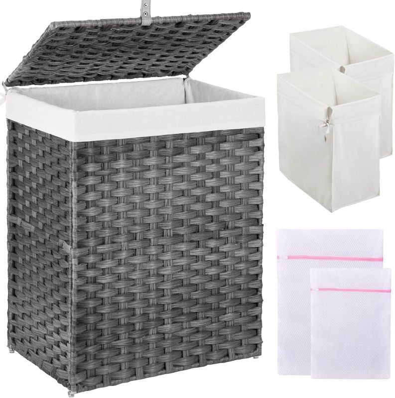 Photo 1 of GREENSTELL Laundry Hamper with Lid, 90L Clothes Hamper with 2 Removable Liner Bags & 2 Mesh Laundry Bags, Handwoven Synthetic Rattan Laundry Basket for Clothes, Toys in Bathroom, Bedroom Grey
