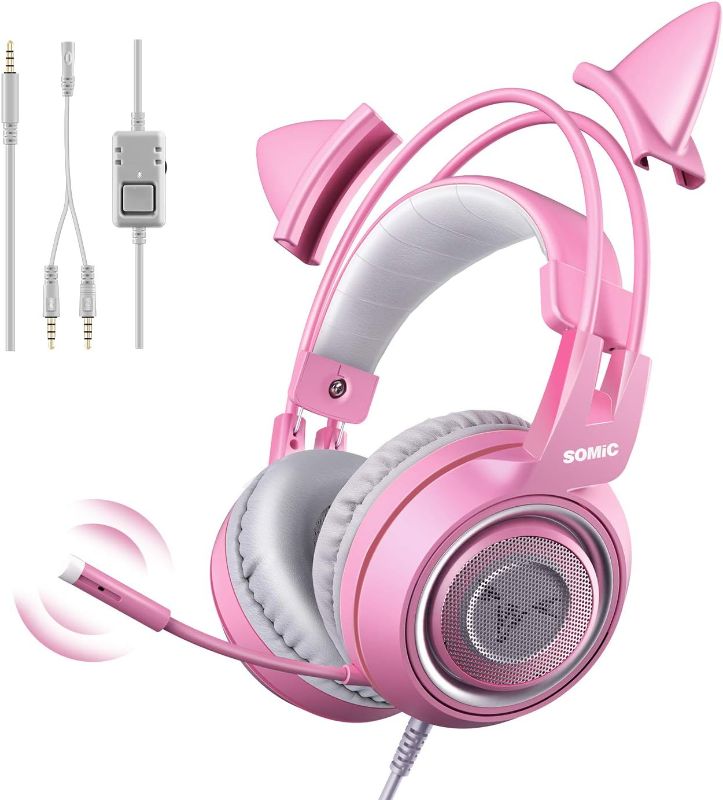 Photo 1 of SOMIC  Pink Stereo Gaming Headset with Mic for PS4,Xbox,PC,Mobile Phone,3.5mm Noise Reduction Cat Ear Headphones Lightweight Over Ear Headphones for Girls