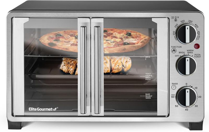 Photo 1 of Elite Gourmet ETO2530M Double French Door Countertop Toaster Oven, Bake, Broil, Toast, Keep Warm, Fits 12" pizza, 25L capacity, Stainless Steel & Black
