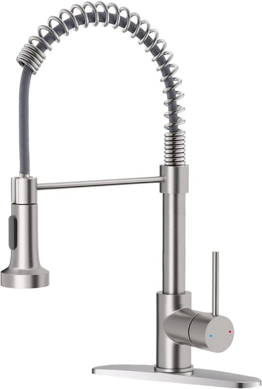 Photo 1 of OWOFAN Kitchen Faucet with Pull Down Sprayer Brushed Nickel Stainless Steel Single Handle Pull Out Spring Sink Faucets 1 Hole Or 3 Hole Dual Function for Farmhouse Camper Laundry Utility Rv Wet Bar

