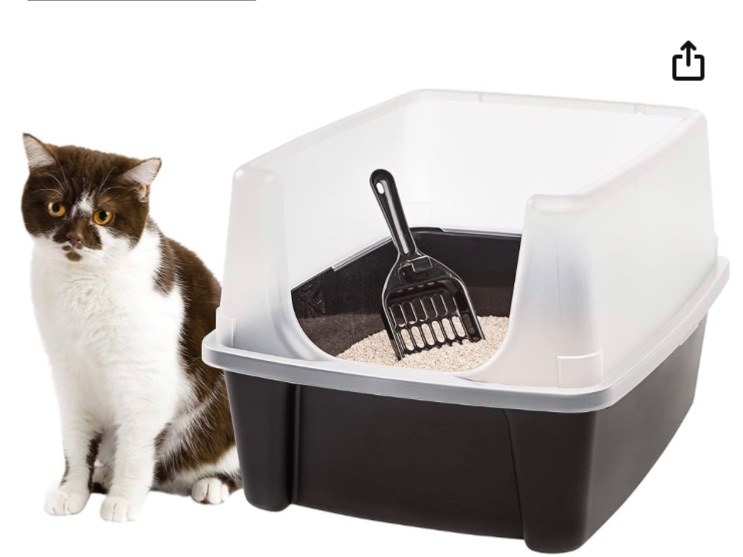 Photo 1 of IRIS USA Open Top Cat Litter Tray with Scoop and Scatter Shield, Sturdy Easy to Clean High Sided Kitty Litter Pan with Tall Spray and Scatter Shield, Black/Clear
