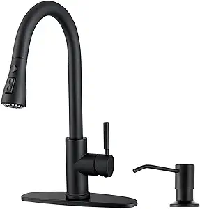 Photo 1 of WEWE Black Kitchen Faucet with Soap Dispenser, Kitchen Sink Faucet with Pull Down Sprayer 3 Modes Stainless Steel Single Handle Single Hole Pull Out Matte Black Faucet for Bar Laundry RV Utility Sink
