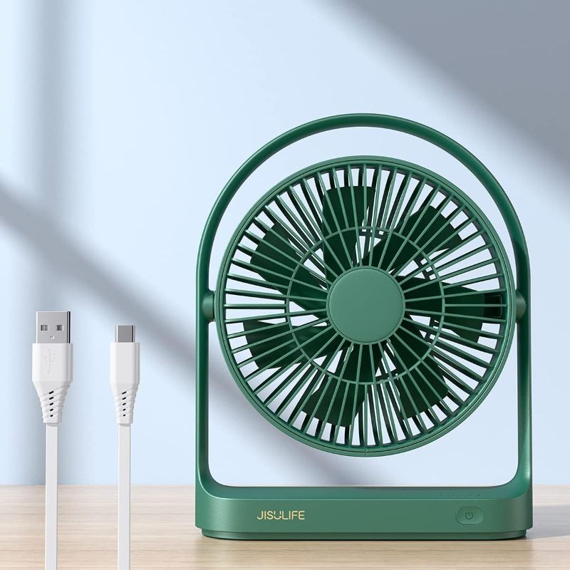 Photo 1 of JISULIFE Desk Fan, Mini Desk Fan with 4 Speeds, USB Small Portable Desktop Fan with Unique Design for Home Desktop Office Table Bedroom, Ultra Quiet, Strong Wind, 330°Rotate-Dark Green
