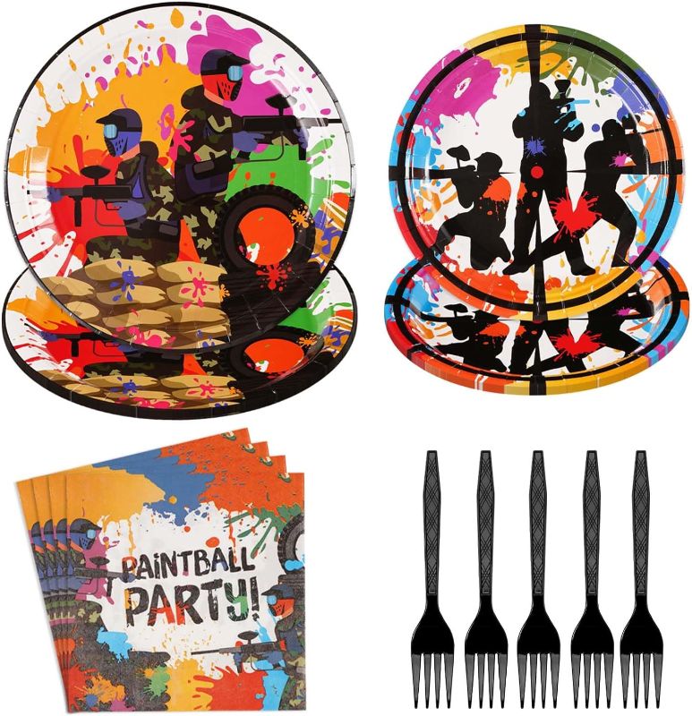 Photo 1 of Grencian 96pcs Paintball Paper Plates and Napkins Sets,Gun Shooting Decorations for Kids Boys
