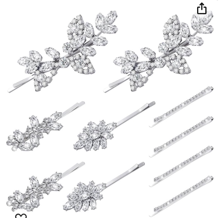 Photo 1 of 10 Pieces Rhinestone Wedding Hair Clips Bridal Hair Pins Crystal Bobby Pins Silver Hairpin Barrette Leaf Flower Wedding Elegant Hair Accessories for Bride Women and Girls(Rhinestone style)