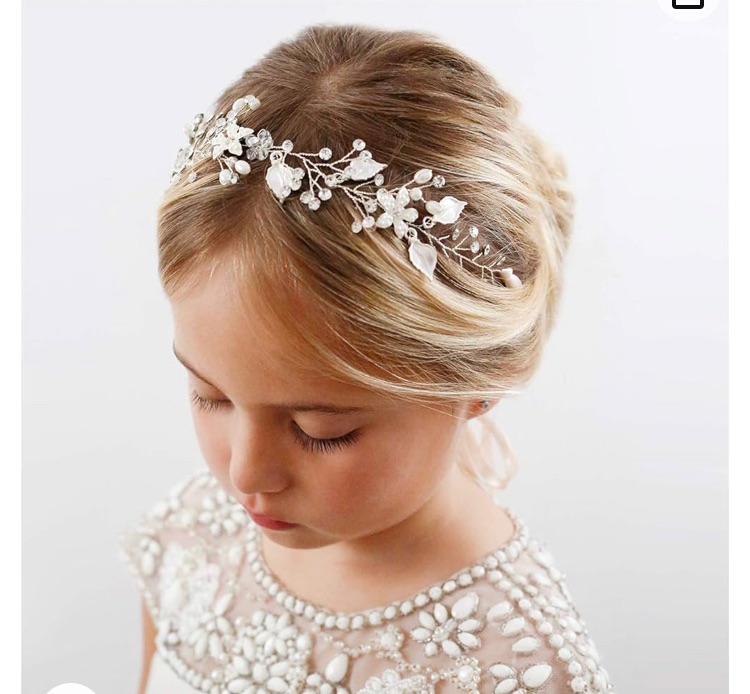 Photo 1 of SWEETV Flower Girl Headpiece Silver Princess Wedding Headband -Baby Girls Flower Pearl Hair Accessories for Birthday Party, Photography