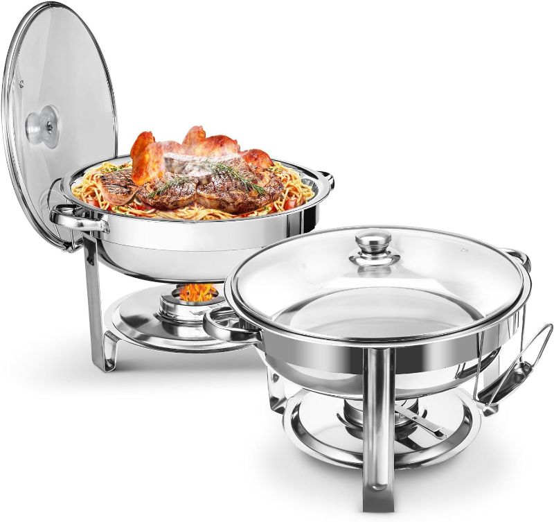 Photo 1 of WARMOUNTS Chafing Dish Buffet Set 2 Pack, 5QT Round Chafing Dishes for Buffet with Glass Lid & Lid Holder, Stainless Steel Chafers and Buffet Warmers...
