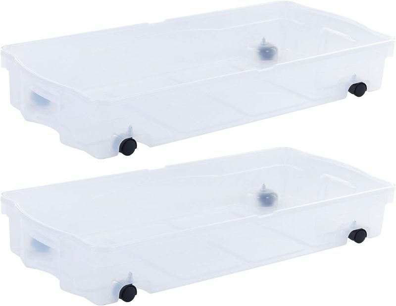 Photo 1 of Rubbermaid 68 Quart Under the Bed Low Profile Storage Boxes with Dual Hinged Lids and Easy Rolling Caster Wheels, Clear, 2 Pack
