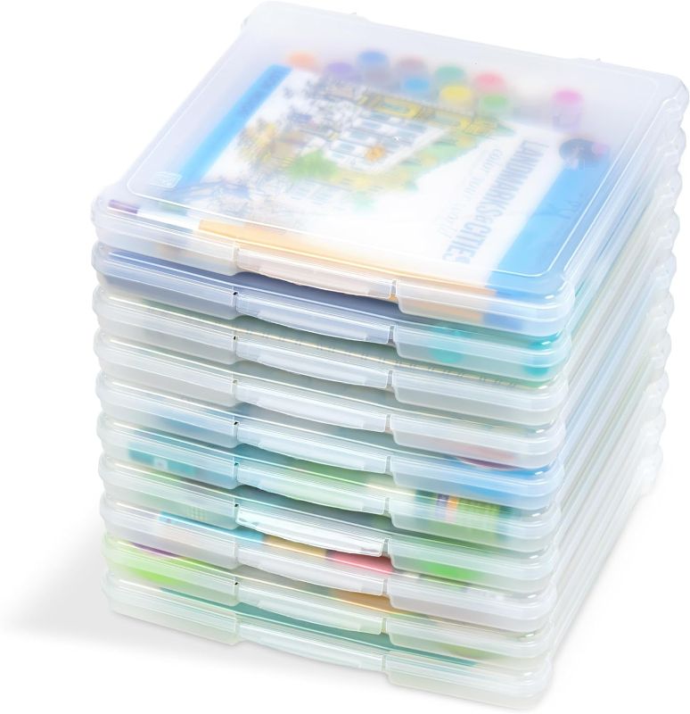 Photo 1 of IRIS USA Fits 12" x 12" Paper, Thin Portable Plastic Scrapbook Paper Board Game Storage Organizer Cases with Built-in Handle for Art Craft Supplies Office Document Stationery Photo, Clear, 10-Pack
