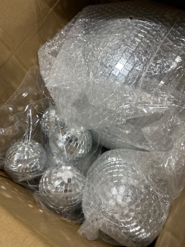 Photo 2 of 8 Pcs Large Disco Ball Set Silver Mirror Disco Balls Reflective Ball with Hanging Ring Party Hanging Ornament Decoration for Stage Club Ballroom Dance Hall Wedding Prom Props (12'', 3'')