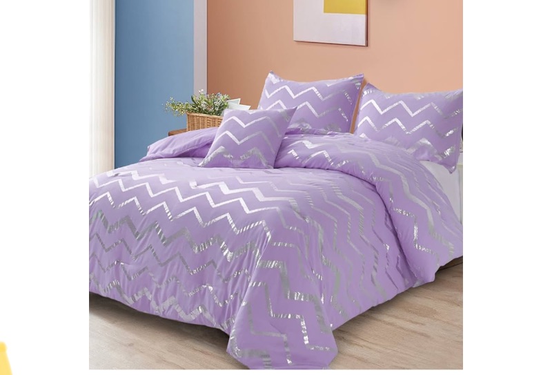 Photo 1 of Purple/Silver Comforter Set Queen, Lavender Metallic Print Glitter Bedding Set Cute Shinny Lilac Bed Sets for Teen Girls Kids Women, 4 Piece (2 Pillowcases, 1 Decorative Pillow Sham)