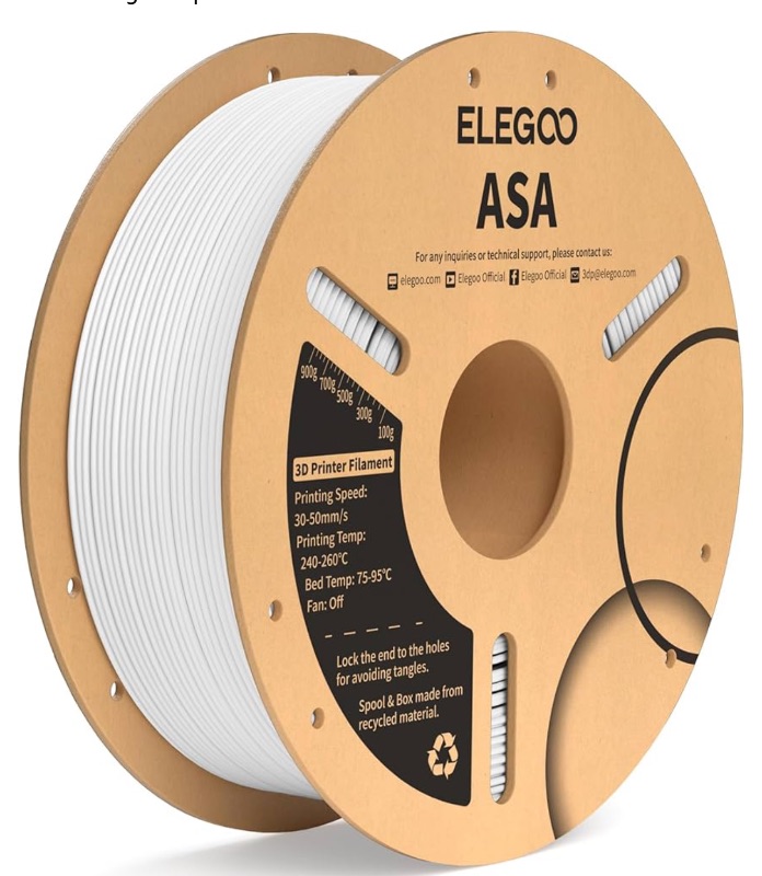 Photo 1 of ELEGOO ASA Filament 1.75mm White 1KG, UV & Weather Resistant 3D Printer Filament Perfect for Outdoor Functional Parts, Dimensional Accuracy +/- 0.02mm, 1kg Spool (2.2lbs)