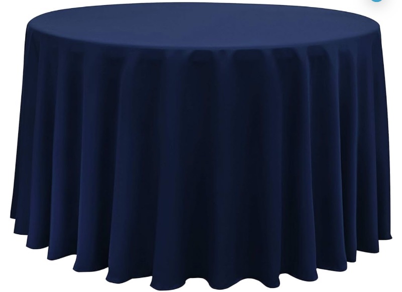 Photo 1 of Obstal 210GSM Round Table Cloth, Oil-Proof Spill-Proof and Water Resistance Microfiber Tablecloth, Decorative Fabric Circular Table Cover for Outdoor and Indoor Use (Navy Blue, 108 Inch Diameter)
