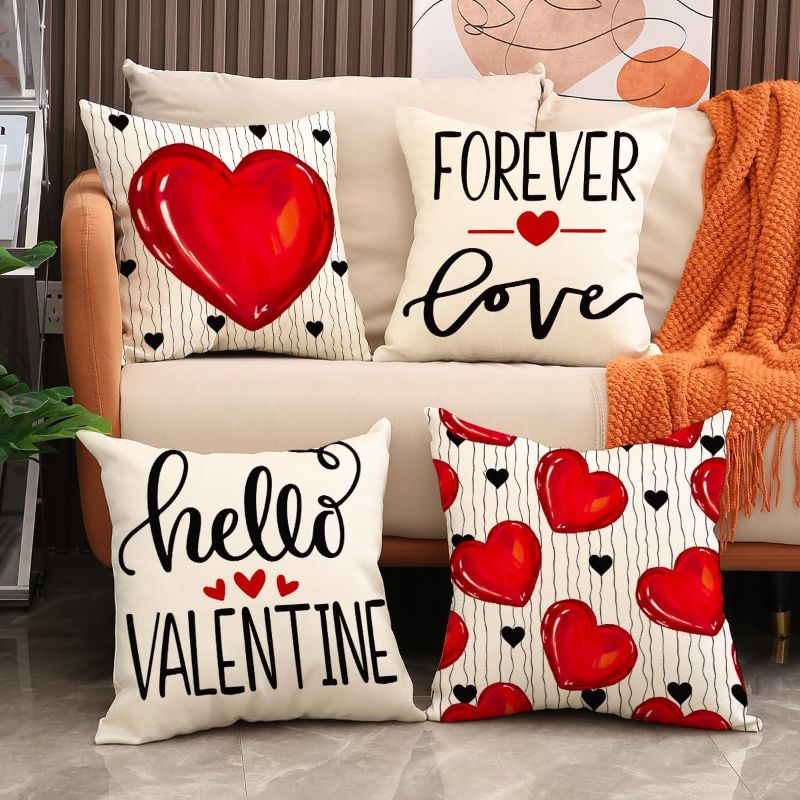 Photo 1 of Valentines Day Pillow Covers 18x18 Set of 4 Spring Farmhouse Decor Throw Pillow Covers Love Heart Decorations Throw Cushion Case for Home