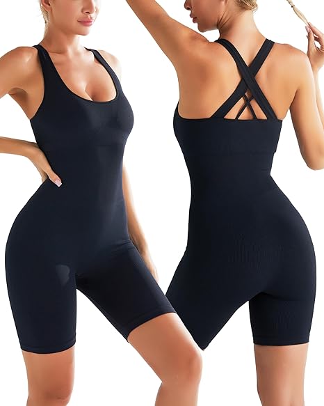 Photo 1 of RUNNNG GIRL Jumpsuits for Women Workout Tummy Control Jumpsuit One Piece Workout Outfits Ribbed Unitard Bodysuit