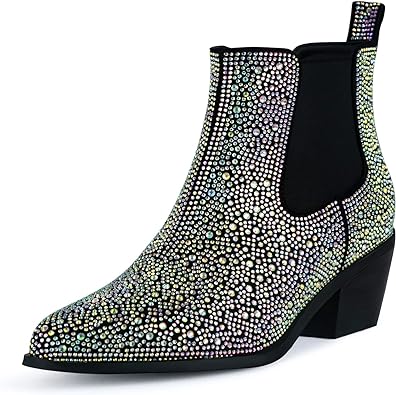 Photo 1 of Touslecos Chelsea Style Ankle Boots for Women Sparkly Cowgirl Cowboy Booties Glitter Western Boots Stacked Heel Western Chelsea Boot Stretch Short Boots with Rhinestone