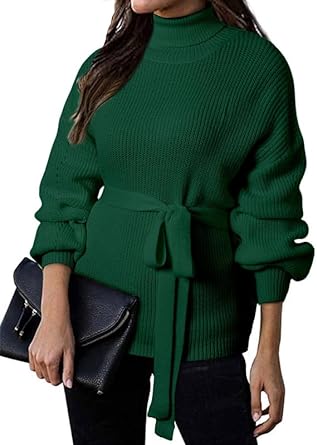 Photo 1 of Dokotoo Women's Turtleneck Sweaters Long Sleeve Belted Waist Knitted Pullover Top