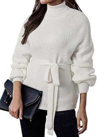 Photo 1 of Dokotoo Women's Turtleneck Sweaters Long Sleeve Belted Waist Knitted Pullover Top 