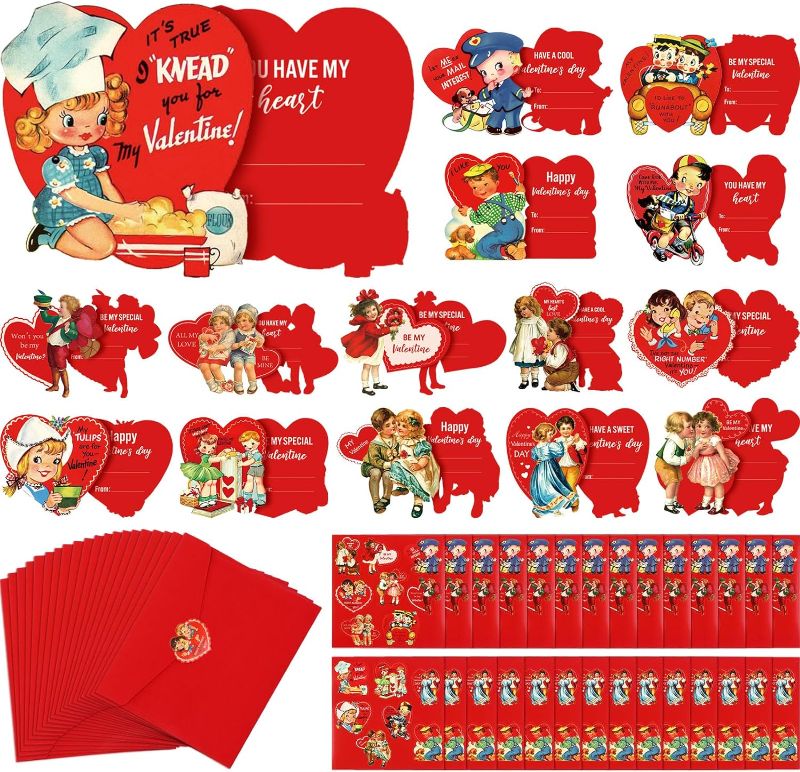 Photo 1 of 150 Sets Valentine's Day Cards Bulk Vintage Valentine Cards with Stickers and Envelopes Figure Theme Valentine Day Greeting Cards for School Classroom Kids Valentine Party Supplies