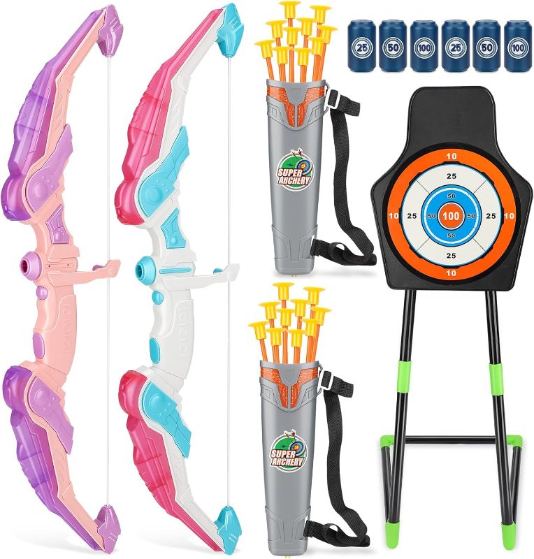 Photo 1 of QLT Bow and Arrow Set for Girls, Archery Toy Set with LED Lighting Kit, Include 20 Suction Cup Arrows, 1 Target, 2 Quivers, 6 Plastic Cans, Indoor and Outdoor Toys for 3+ Years Old Kids