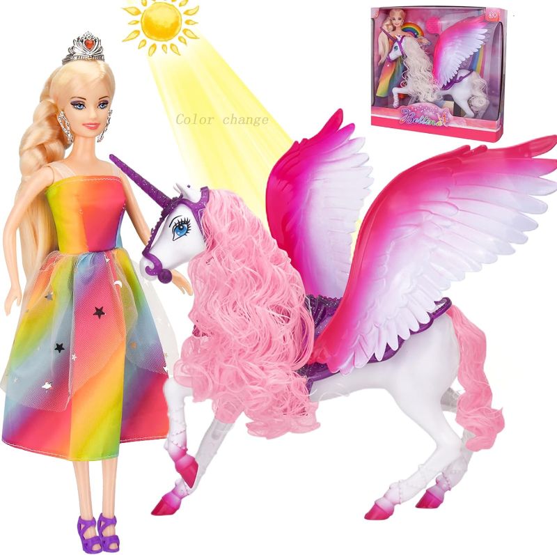 Photo 1 of BETTINA Color Change Unicorn, 11.5 Inch Princess Doll with Rainbow Dress, Pegasus' Mane Changes Color Under The Sunlight, Winged Horse Toys, Unicorn Toys Gifts for Girls
