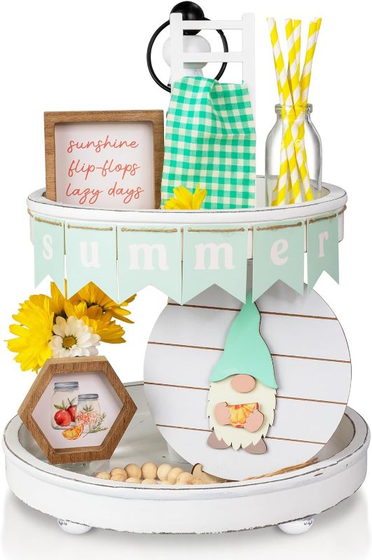 Photo 1 of Beautiful Tiered Tray Decor Set for Summer - Interchangeable All Season Decorations Bundle Incl. Spring Fall & More - Modern Farmhouse Centerpiece for Home & Kitchen Decor
