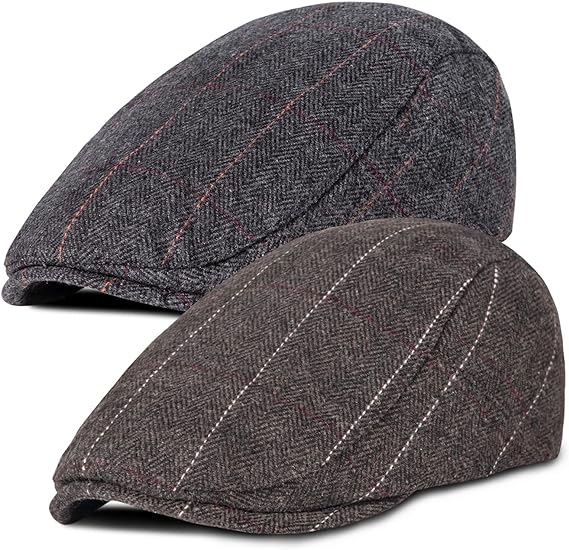 Photo 1 of 2 Pack Newsboy Hats for Men Classic Herringbone Tweed Wool Blend Flat Cap Ivy Cabbie Driving Hat

