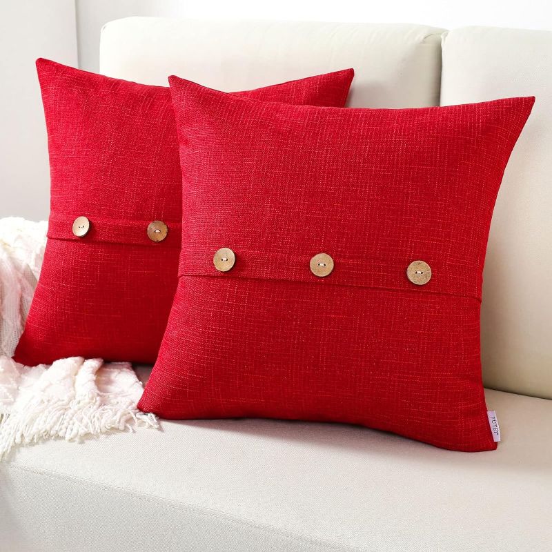 Photo 1 of Red Linen Decorative Throw Pillow Covers 16x16 Inch Set of 2, Square Cushion Case with Vintage Button/Zipper,Modern Farmhouse Home Decor for Couch,Bed