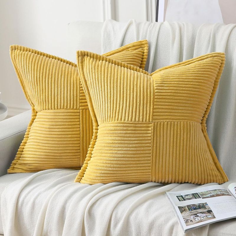 Photo 1 of Mustard Yellow Throw Pillow Covers 20x20 Inch Set of 2,Soft Solid Corduroy Striped/Wide Bordered,Square Decorative Cushion Case,Winter Home Decorations for Couch,Bed
