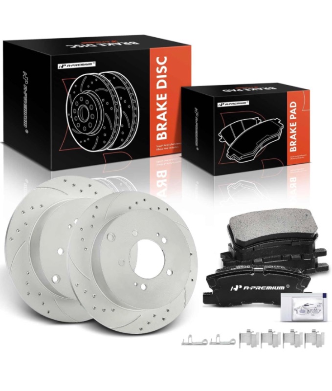 Photo 1 of A-Premium 11.89 in (302 mm) Rear Drilled and Slotted Disc Brake Rotors + Ceramic Pads Kit Compatible with Select Mitsubishi Models - Outlander 2007-2013, Lancer 2009-2015, 6-PC Set