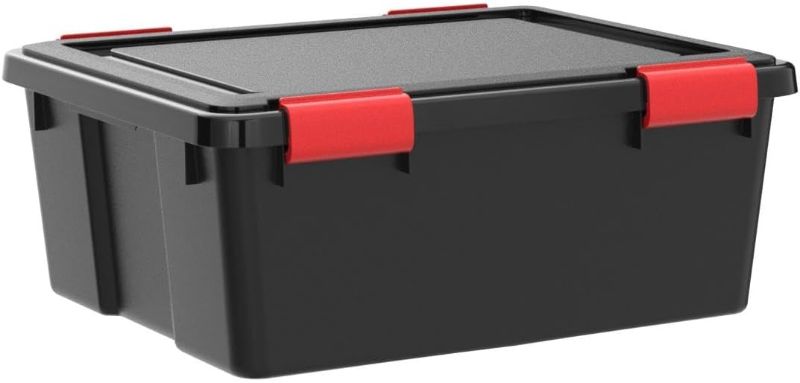 Photo 1 of IRIS USA 30.6 Quart WEATHERPRO Plastic Storage Box with Durable Lid and Seal and Secure Latching Buckles, Weathertight, Black with Red Buckles, 6 Pack 30.6 Qt. -
Lid is broken