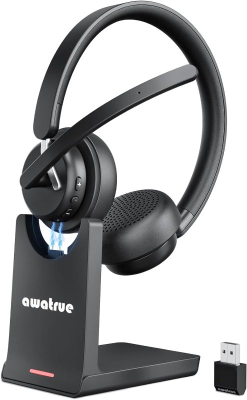 Photo 1 of awatrue Wireless Headset with Mic,Bluetooth Headset with AI Noise Cancelling Microphone & Charging Base,2.4GHz Wireless Headphones with USB Dongle for PC/Computer/Laptop/Remote Work/Call Center/Zoom 