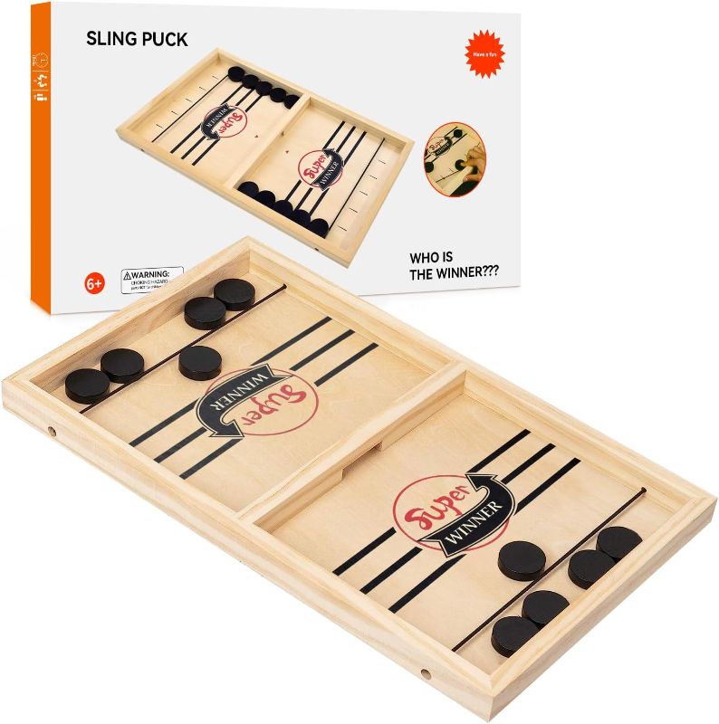 Photo 1 of BAKAM Super Fast Sling Puck Game, Portable Table Hockey Game for Kids and Adults, Tabletop Slingshot Games Toys for Boys and Girls, Desktop Sport Board Game for Family Game Night Fun (Medium Winner)