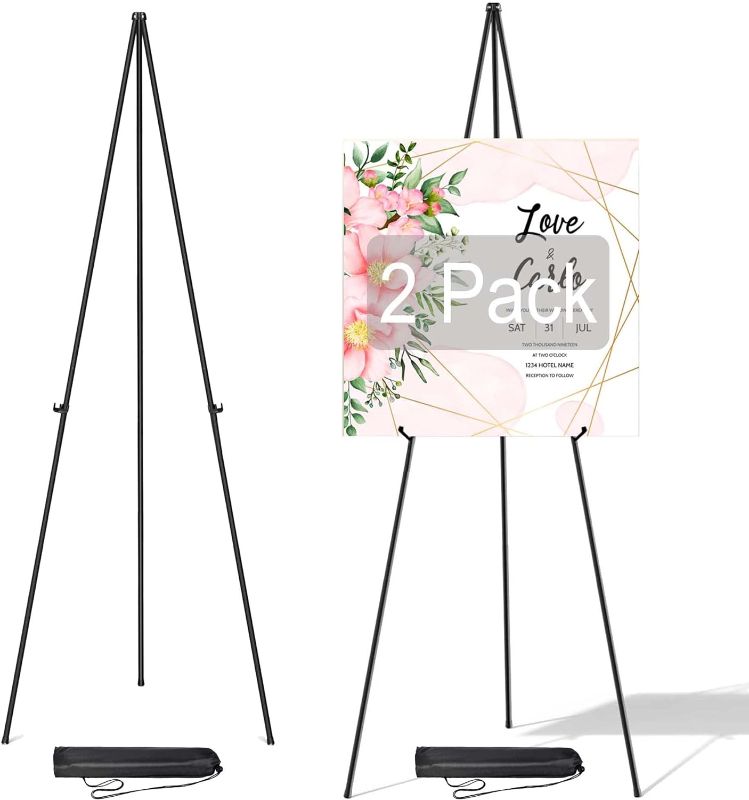 Photo 1 of 2 Pack Easel Stand for Display Wedding Sign & Poster - 63 Inches Tall Easels for Display - with Bag Collapsable Portable Poster Easle - Large Floor Adjustable Metal Easel Tripod Black 