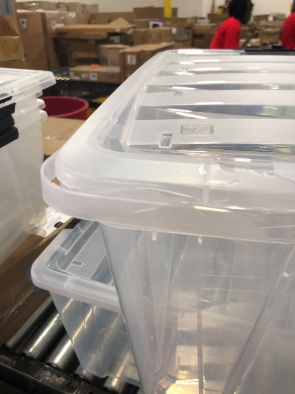 Photo 3 of IRIS USA 53 Qt. Plastic Storage Bin Tote Organizing Container with Durable Lid and Secure Latching Buckles, Stackable and Nestable, clear with Black Buckle f) 53 Qt.