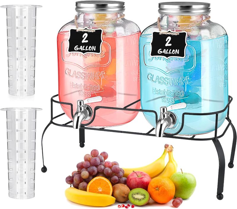 Photo 1 of Lallisa 2 Pcs 2 Gallon Glass Drink Dispenser with Stand Ice Cylinder Hanging Chalkboard Signs 18/8 Stainless Steel Spigot Beverage Dispensers for Parties Mason Jar Drink Lemonade (Gold)
