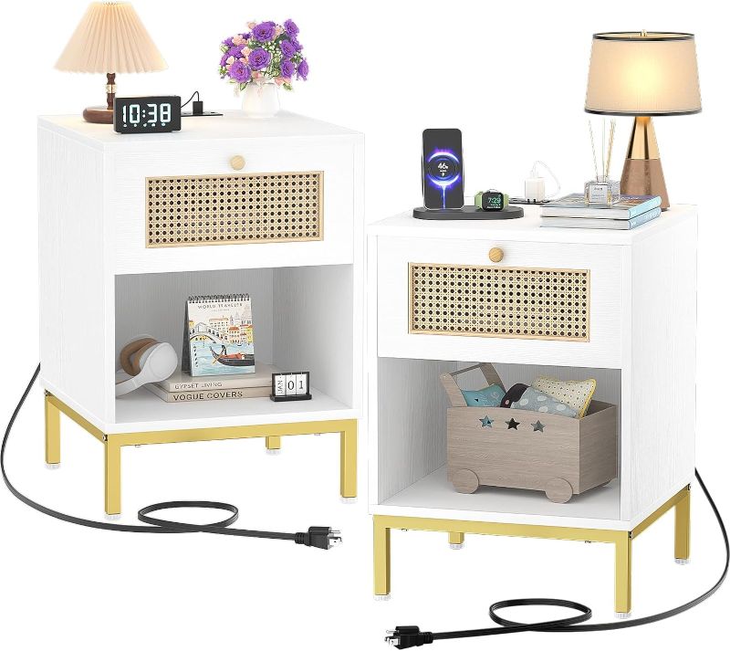 Photo 1 of White Nightstands Set of 2 with Charger Station - Rattan Nightstand with Rattan Drawer, Boho Bed Side Table Night Stand set 2 with Charging, Mid Century Modern Nightstand Bedside Table for Living Room
