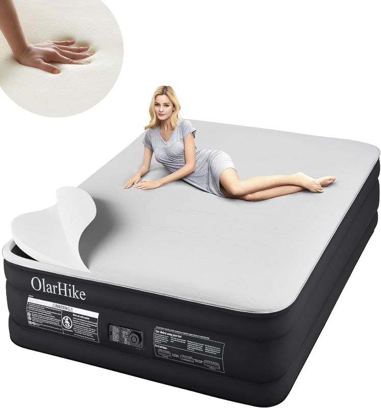 Photo 1 of OlarHike Signature Collection Queen Air Mattress with Built in Pump,18” Luxury Air Mattress with Silk Foam Topper for Camping, Home & Guests, Fast & Easy Inflation/Deflation Airbed Black
