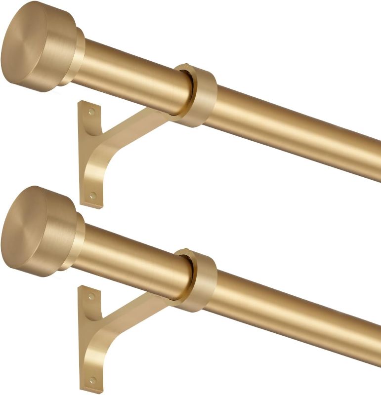 Photo 1 of 2 Pack Heavy Duty 1 Inch Diameter Single Curtain Rods 72-144” Adjustable Window Curtain Rod with with Cylindrical Cap Finials, Wall Mount and Ceiling Mount, Warm Gold

