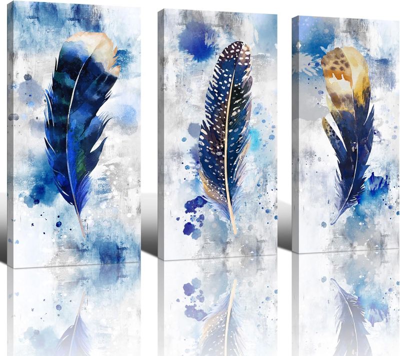 Photo 1 of KLAKLA Large Modern Living Room Wall Decor - Beautiful Shades - Sturdy Wood Frame Artwork & 48x24 Inches x 3 Blue and White Feather Bedroom Wall Art