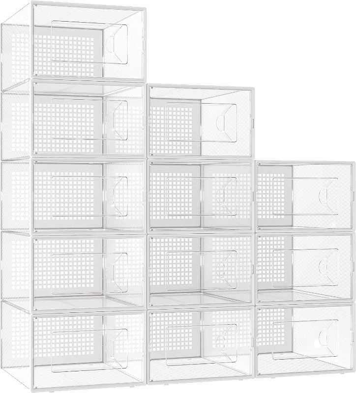 Photo 1 of Kuject X-Large Shoe Storage Box Fit Size 11,Clear Plastic Stackable Shoe Organizer for Closet, Space Saving Stackable Sneaker Shoe Boxes Rack Container Bin Holders Case, 12 Pack Clear
