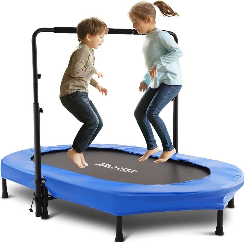 Photo 1 of Kids Indoor Trampoline, ANCHEER 56" Foldable Mini Trampoline with 5 Level Adjustable Handle Bar Double Trampoline for Kid and Adults with Reinforced Stitching, 220lbs Max Load 